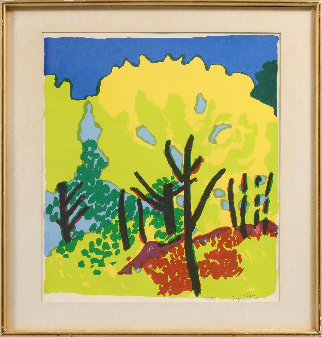 INGE SCHIÖLER. Landskap med träd, färglitografi, signerad och numrerad 96/195.