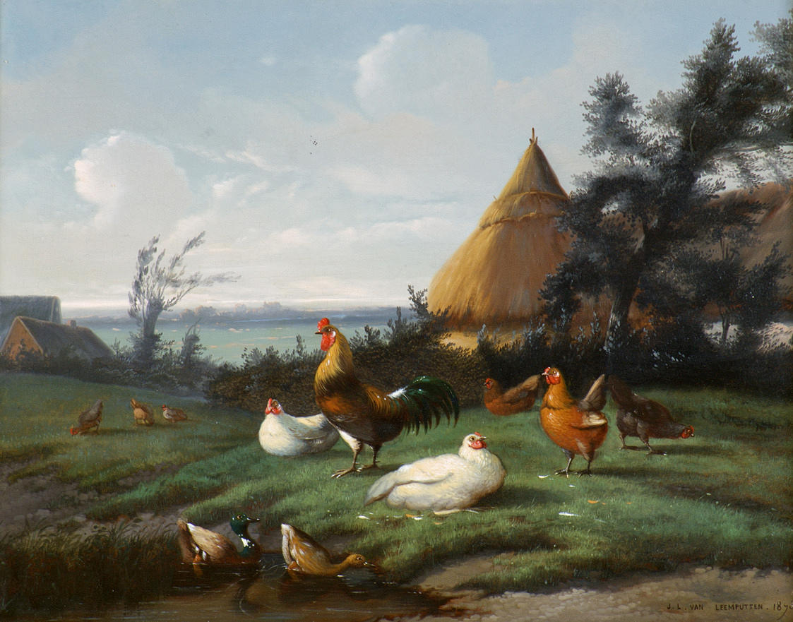 JEF LOUIS VAN LEEMPUTTEN. LANDSKAP MED TUPP, HÖNS OCH ANKOR. Olja på trä. 27,5 x 36,5 cm. Signerad och daterad nere till höger: J.l.van Leemputten 1893. ram.