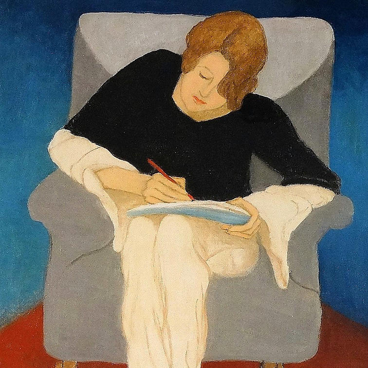GABRIELE MÜNTER. Dame in Sessel, schreibend, Offset.
