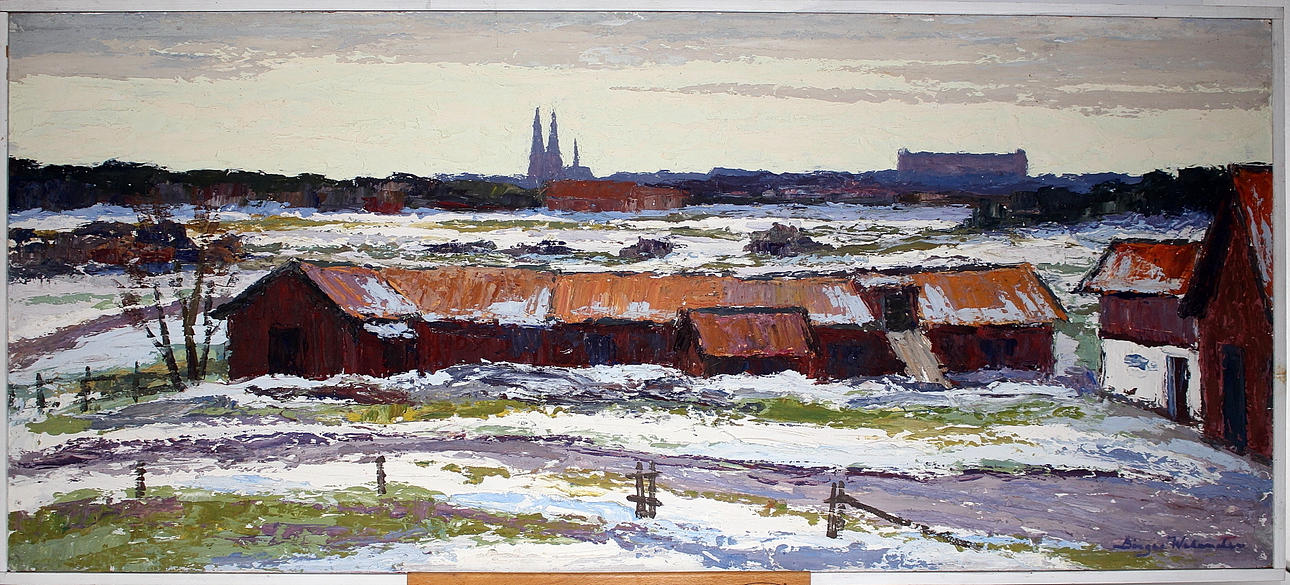 BIRGER WELANDER. olja på pannå, Uppsala från Håga, signerad.