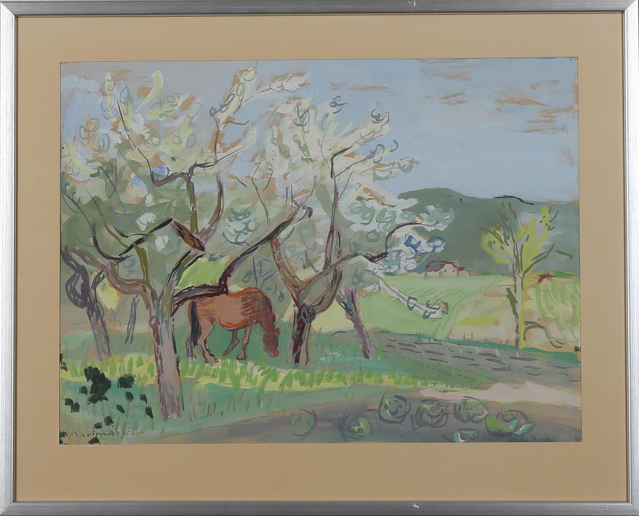 GERHARD KARLMARK. Gouache, "Häst under blommande träd", signerad.