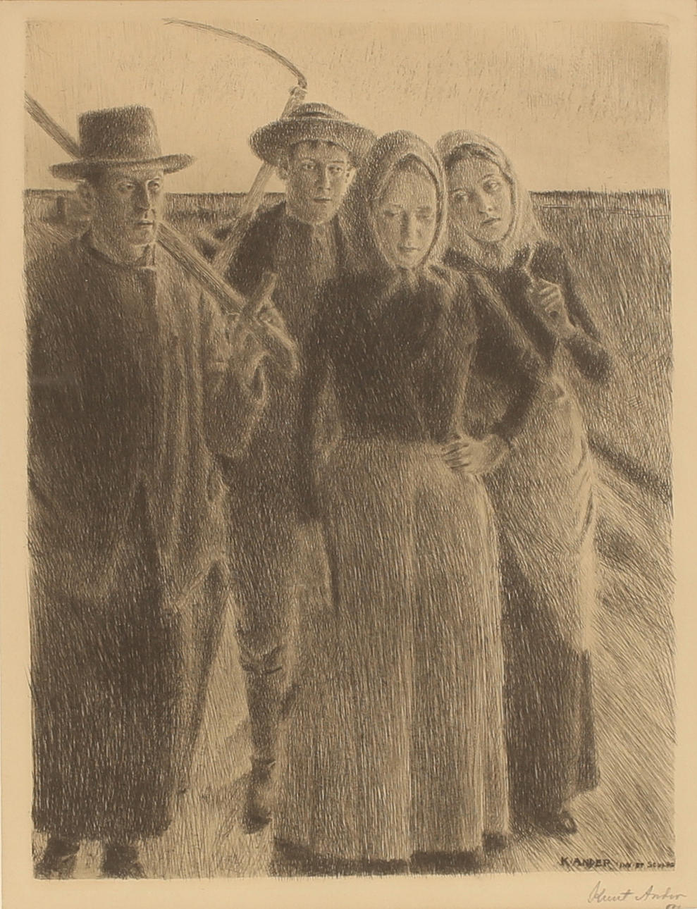 KNUT ANDER. Dry needle, "Harvest people", signed.