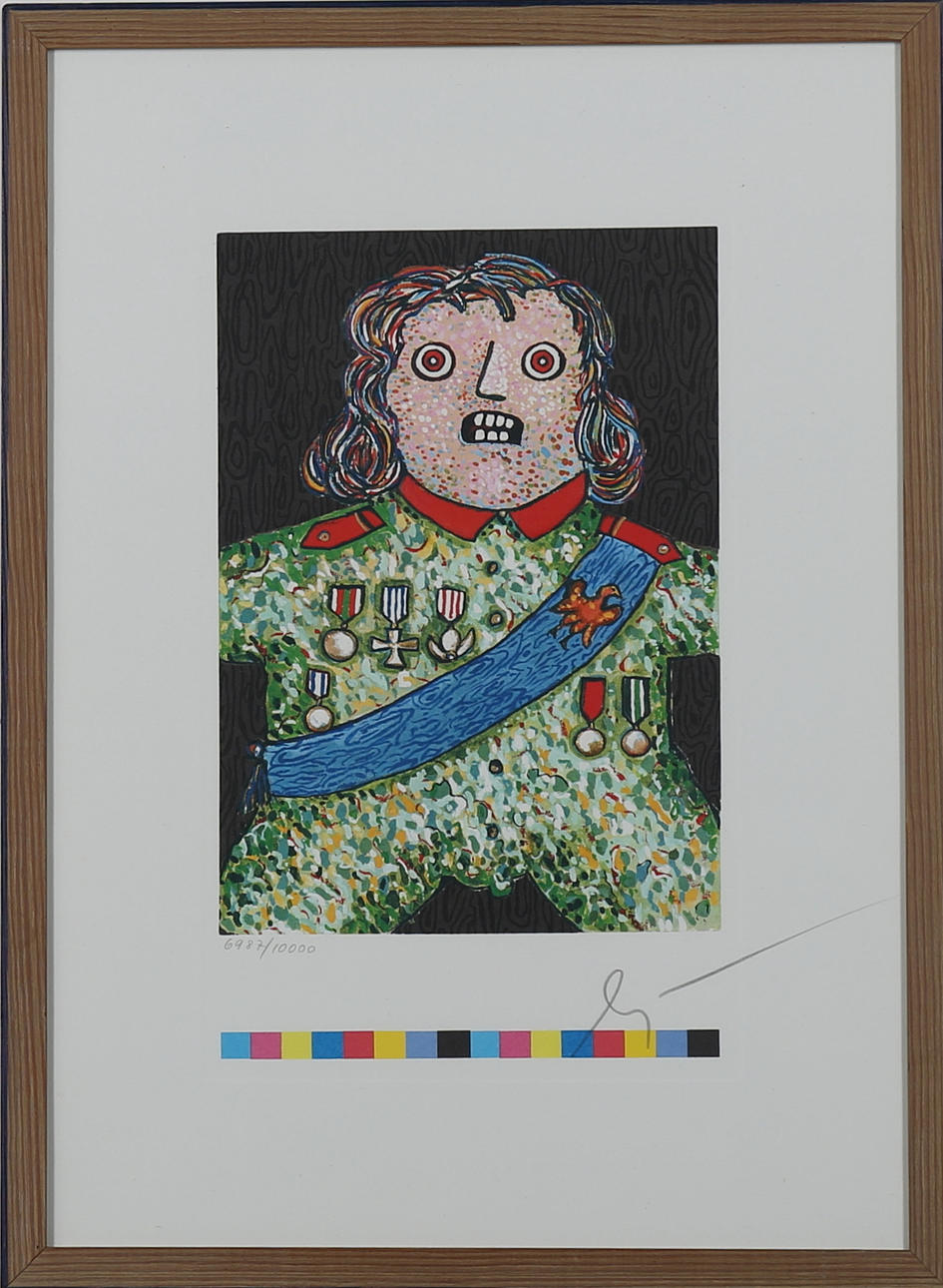 ENRICO BAJ. Grafiskt blad/ blandteknik, " Der kleine general", signerad, numrerad 6987/10000 ur "Die kunst der grafik".