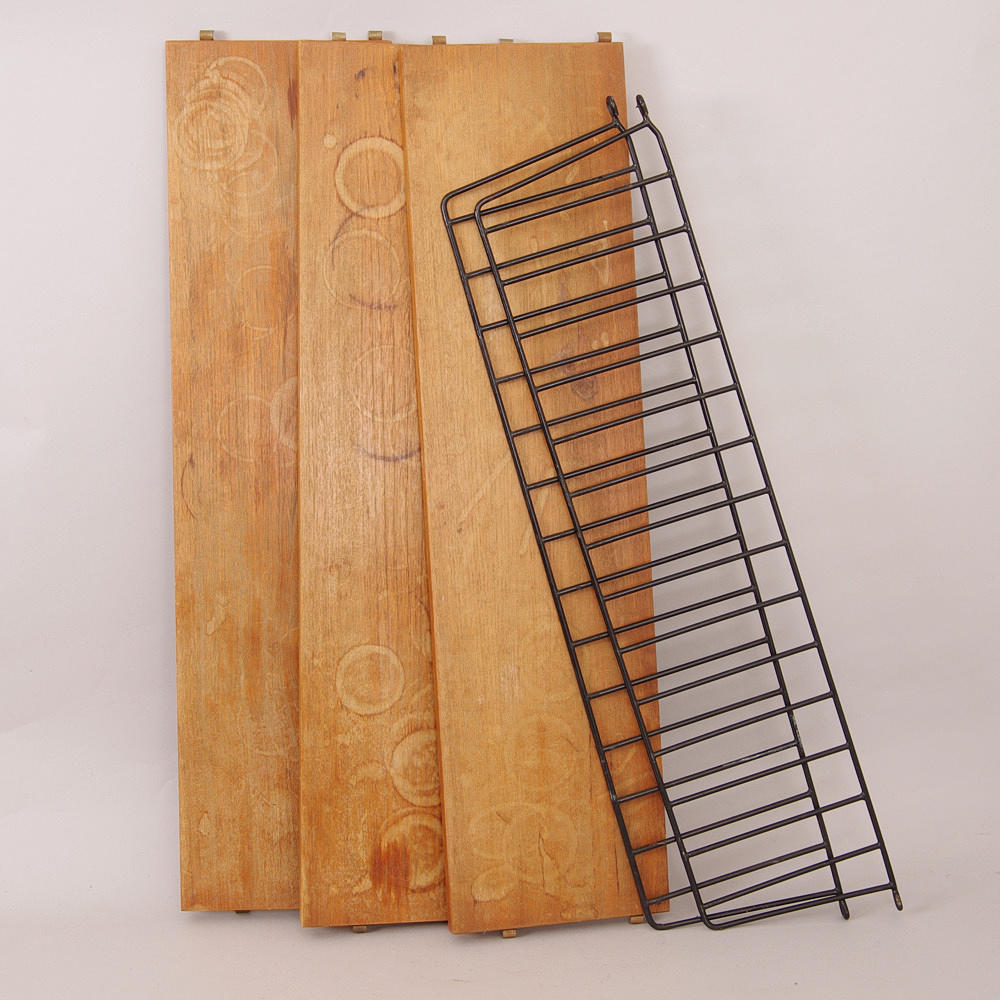 STRINGHYLLA, teak, 2 gavlar med 3 hyllor.