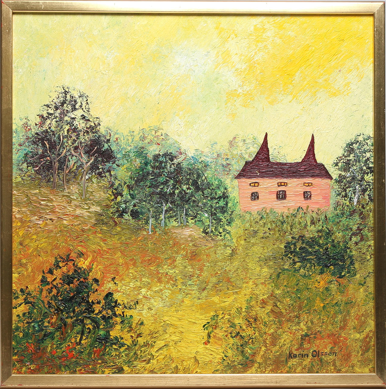 KARIN OLSSON. "Spökhuset", olja på duk, signerad.