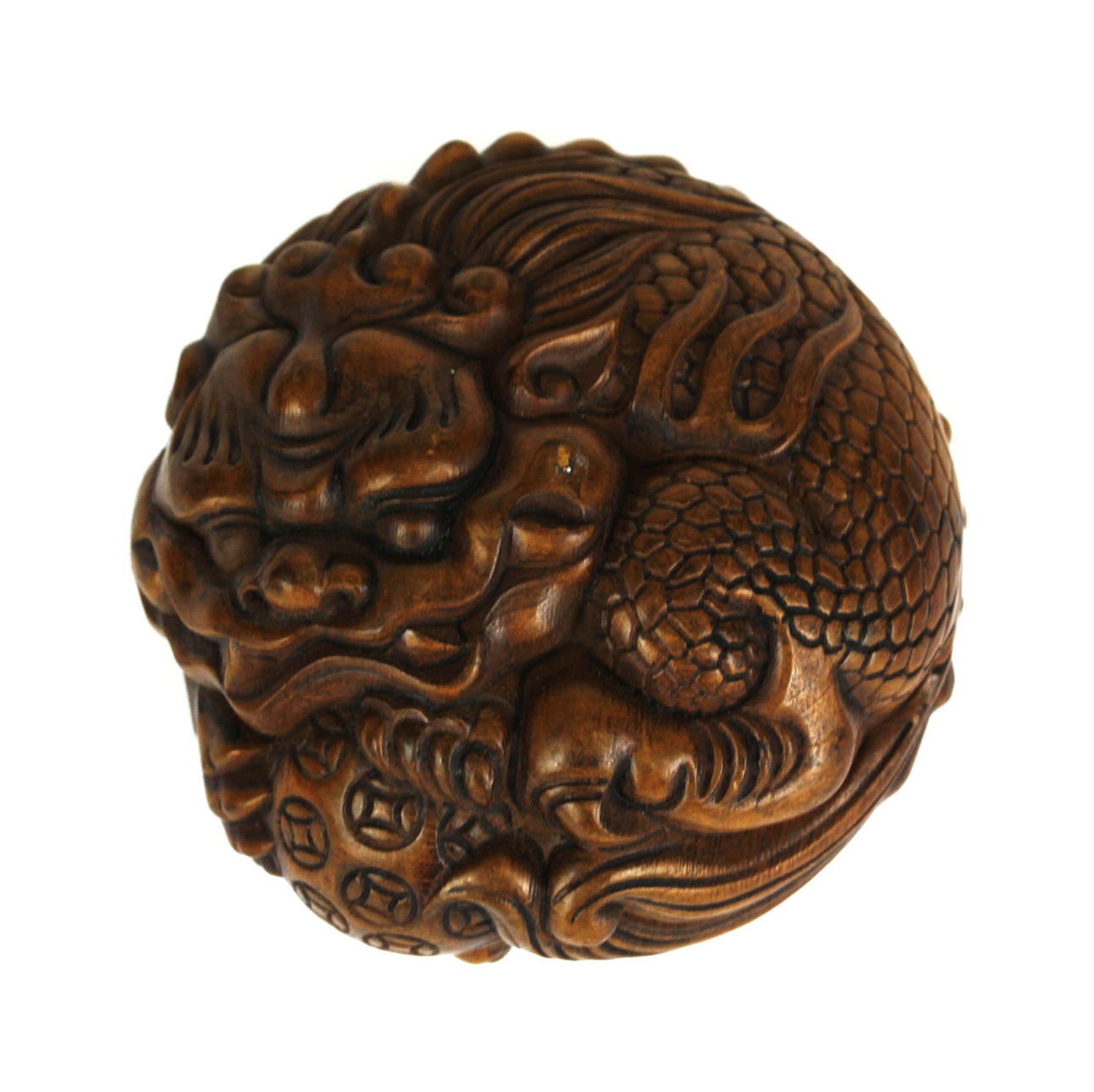 KINESISKA SNIDADE VALNÖT UNG DRAKE FIGUR.