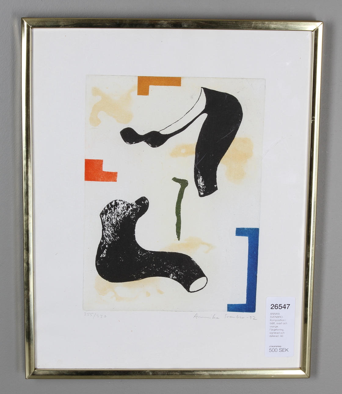 ANNIKA SVENBRO. Komposition i blått, svart och orange. Färgetsning, signerad och daterad -92.