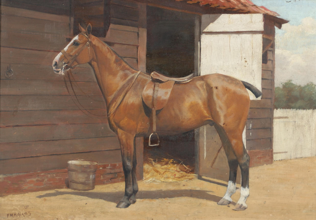 FRANCES MABEL HOLLAMS (1877-1963). BAY HUNTER BY A STABLE.