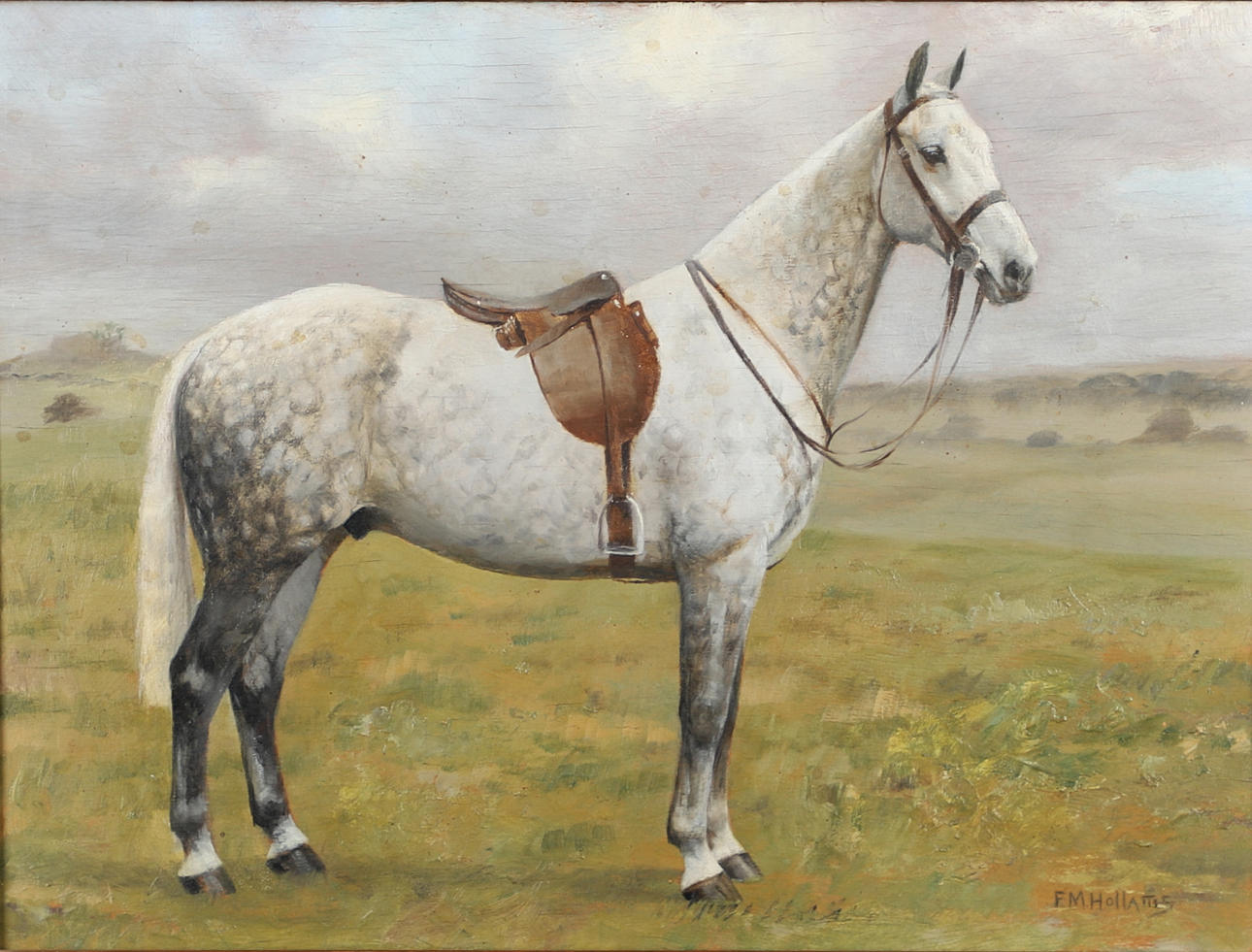 FRANCES MABEL HOLLAMS (1877-1963). TAFFY, A SADDLED DAPPLED GREY IN A FIELD.