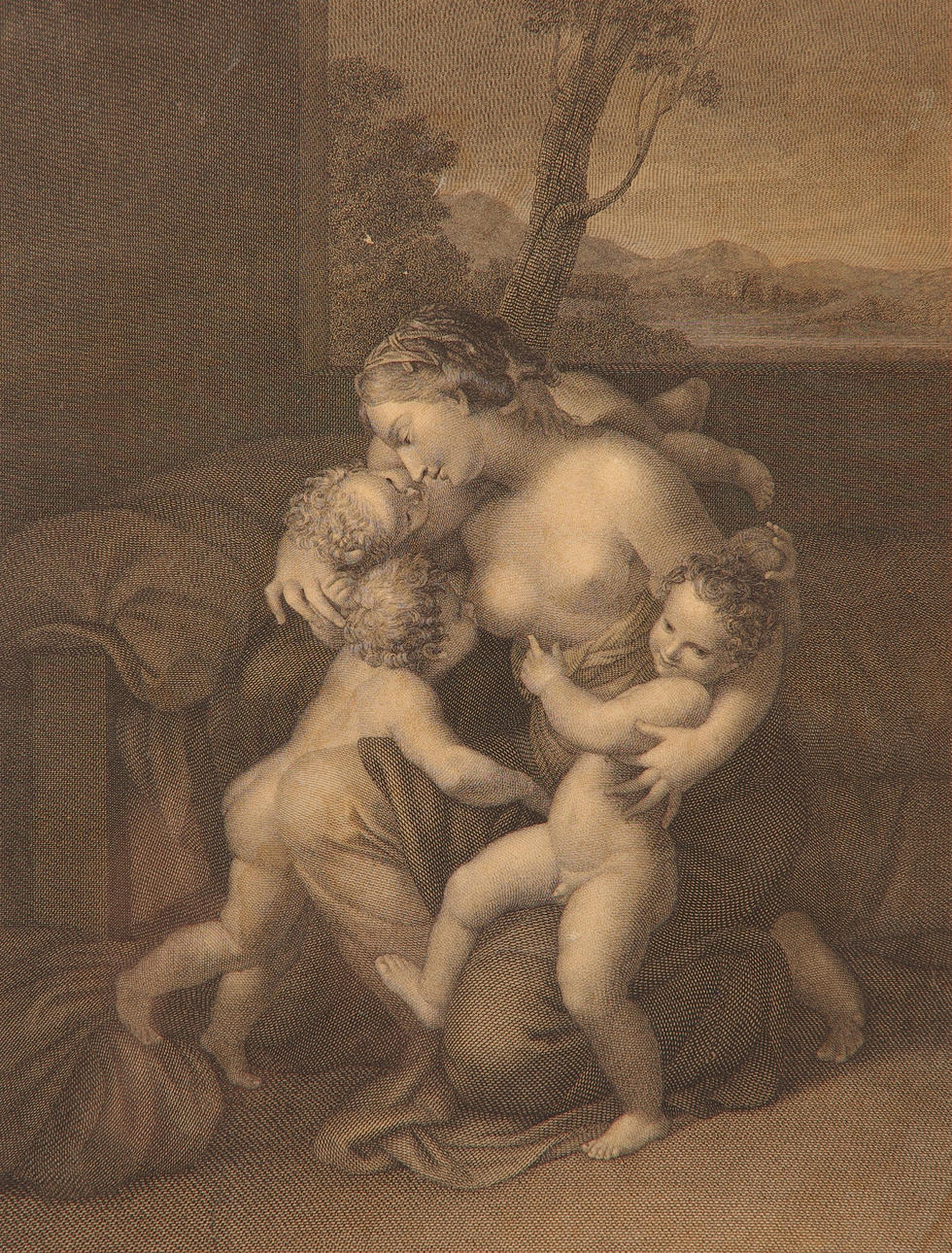 KOPPARSTICK, kvinna med barn, 1700/1800-tal.