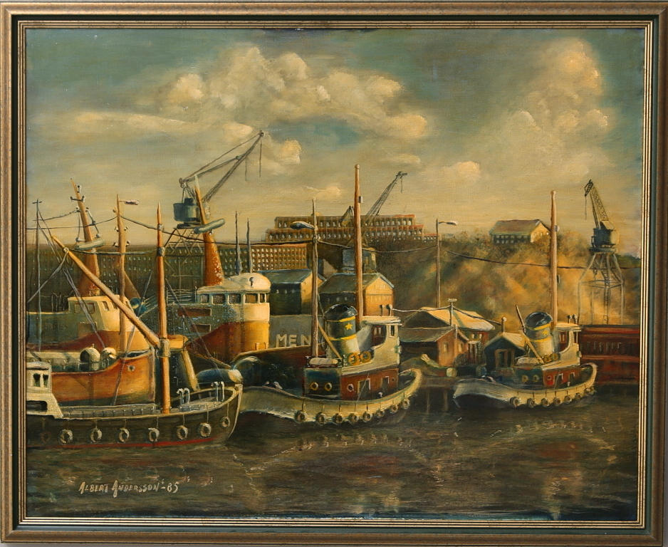 ALBERT ANDERSSON. Olja på duk, hamnmotiv, signerad, daterad -85.