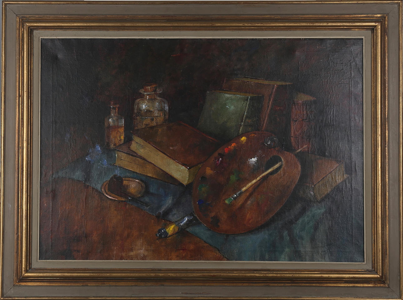 CAR HOLGER FISCHER. Stilleben med böcker och målarpalett, olja på duk, signerad.