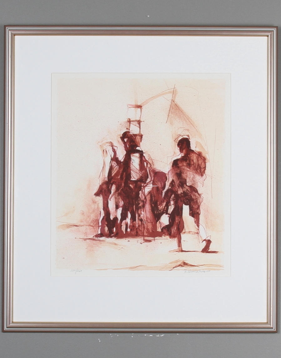 BERNDT WENNSTRÖM. Motiv med figurer och häst. Färglitografi. Signerad och daterad 1988.