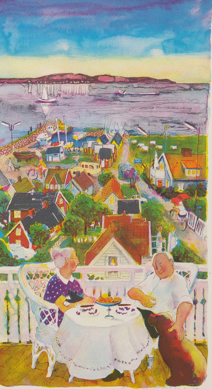 ANNICA UNNARYD SCHÖHULT. Kaffepaus med utsikts över Vikens hamn, färglitografi, signerad.