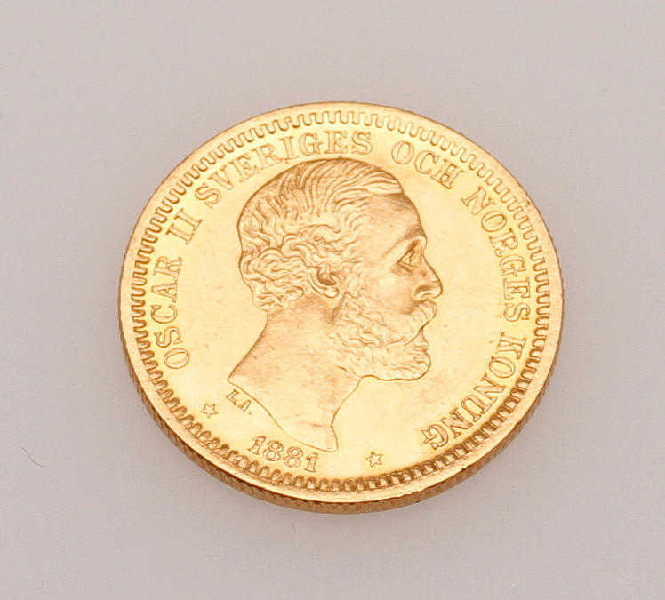 GULDMYNT, 20 kronor, 1881, vikt ca 9,1 gram.