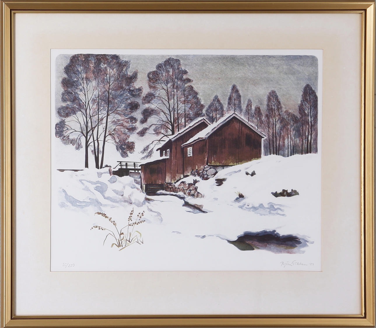 BJÖRN GIDSTAM. Vinterlandskap, färglitografi, numrerad 35/250, signerad och daterad.