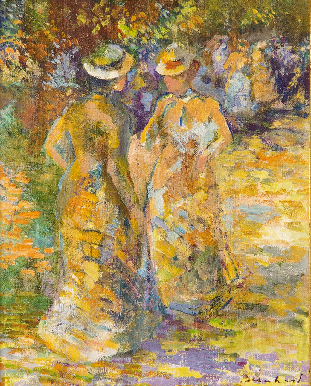 OIDENTIFIERAD KONSTNÄR. Damer i parken, olja på duk, signerad Bernhard.