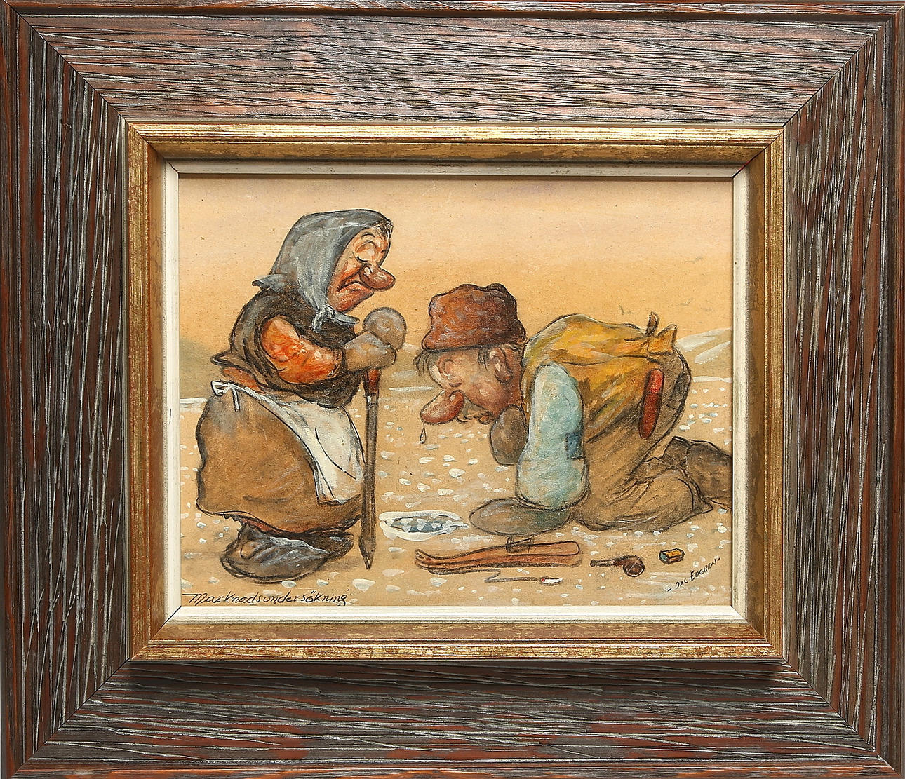 JAC EDGREN. "Marknadsundersökning", gouache på pannå, signerad.