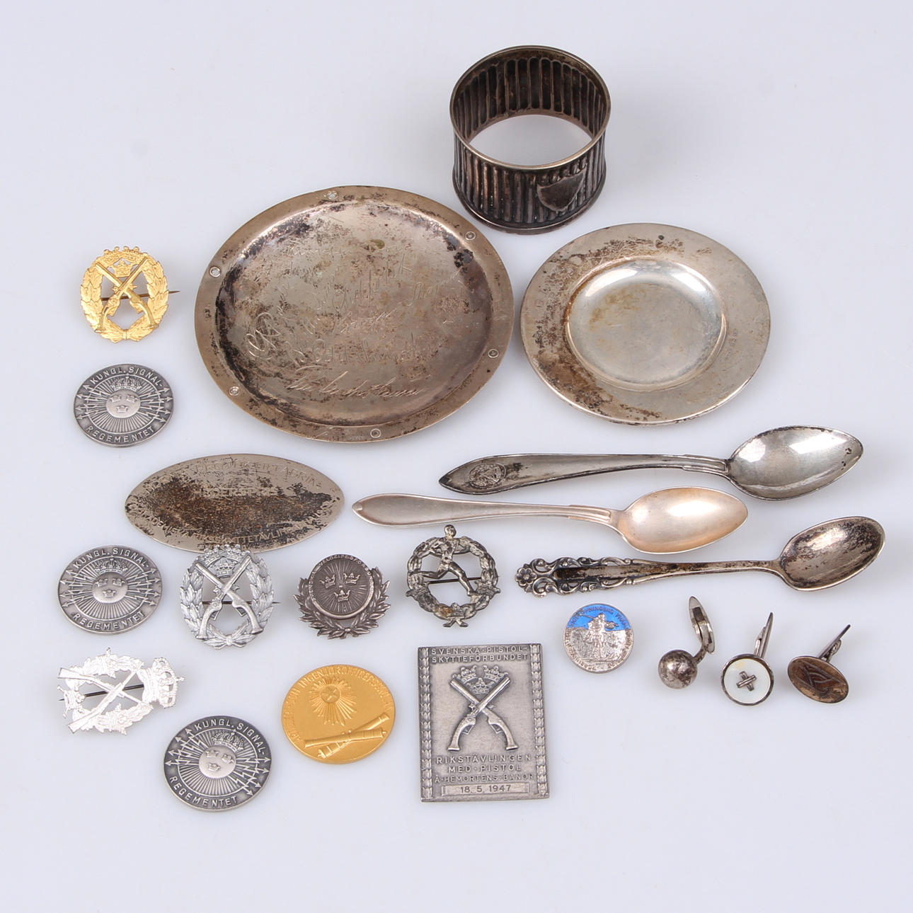 PARTI SILVER, 21 delar, Fat, medaljer etc, vikt ca 257 gram.