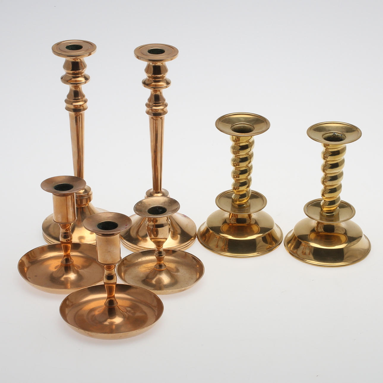 LJUSSTAKAR, 7 st, mässing, bland annat Gottfrid Carlsson, Eskilstuna, 1900-tal.