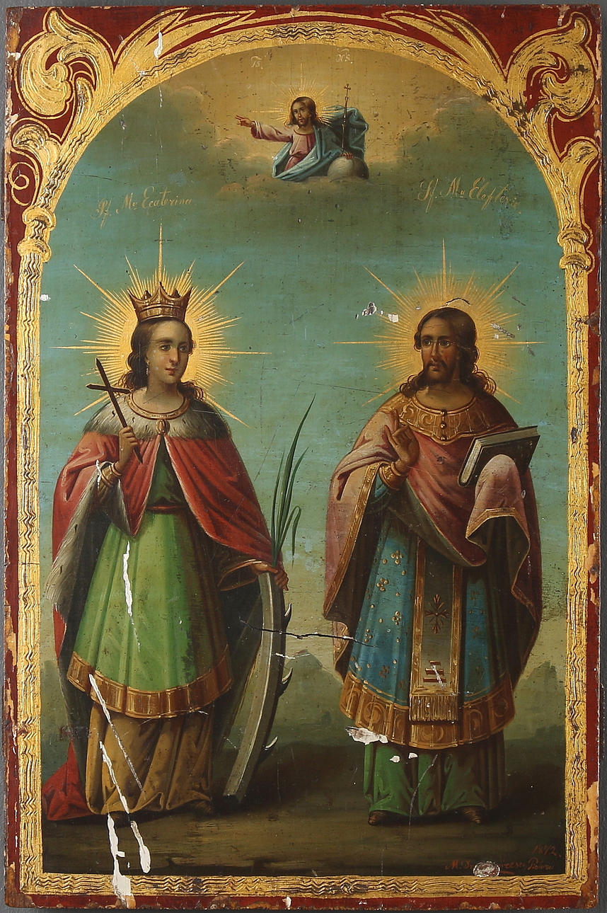 IKON, "Sankt Catherine och Elefteria", signerad. Grekland. 1872.