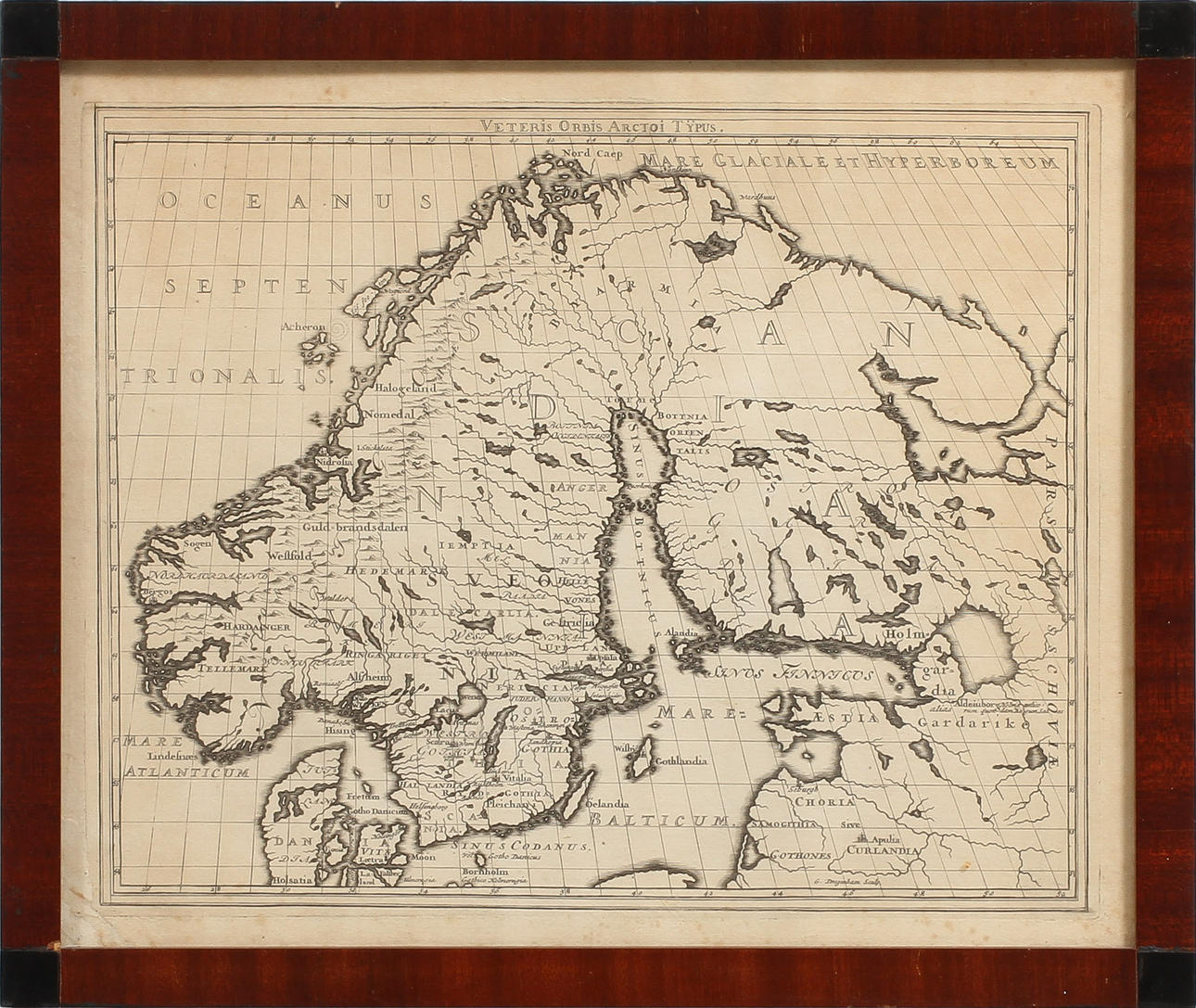 KARTA, Scandinavien, "Veteris orbis arctoi tÿpus" från Suecia Antiqua et hodierna 1698-1701.