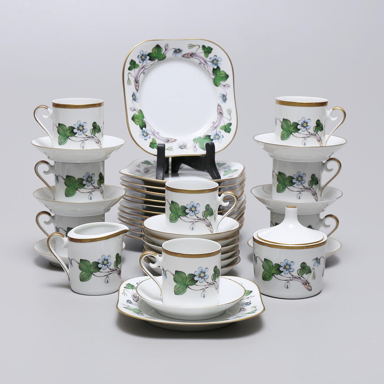 KAFFESERVIS, porslin, "Anemone Hepatica", "Blåsippa", Hackefors.