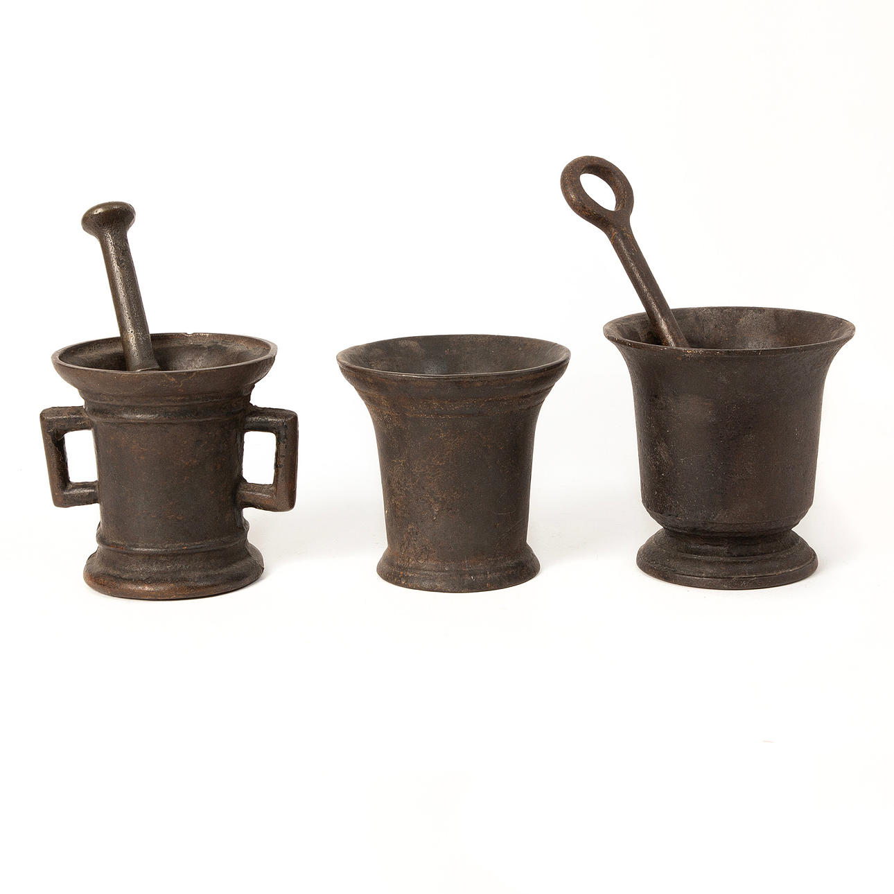 MORTARS, three pieces, iron, 18th/19th century.