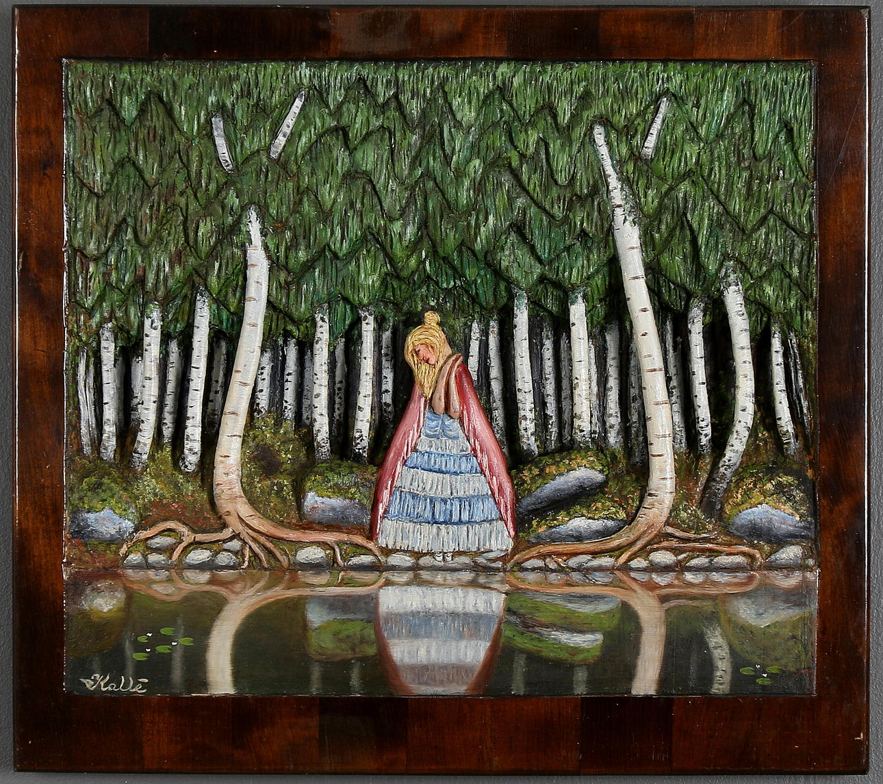 TRÄRELIEF, kvinna i björkskog vid sjö, signerad Kallé.
