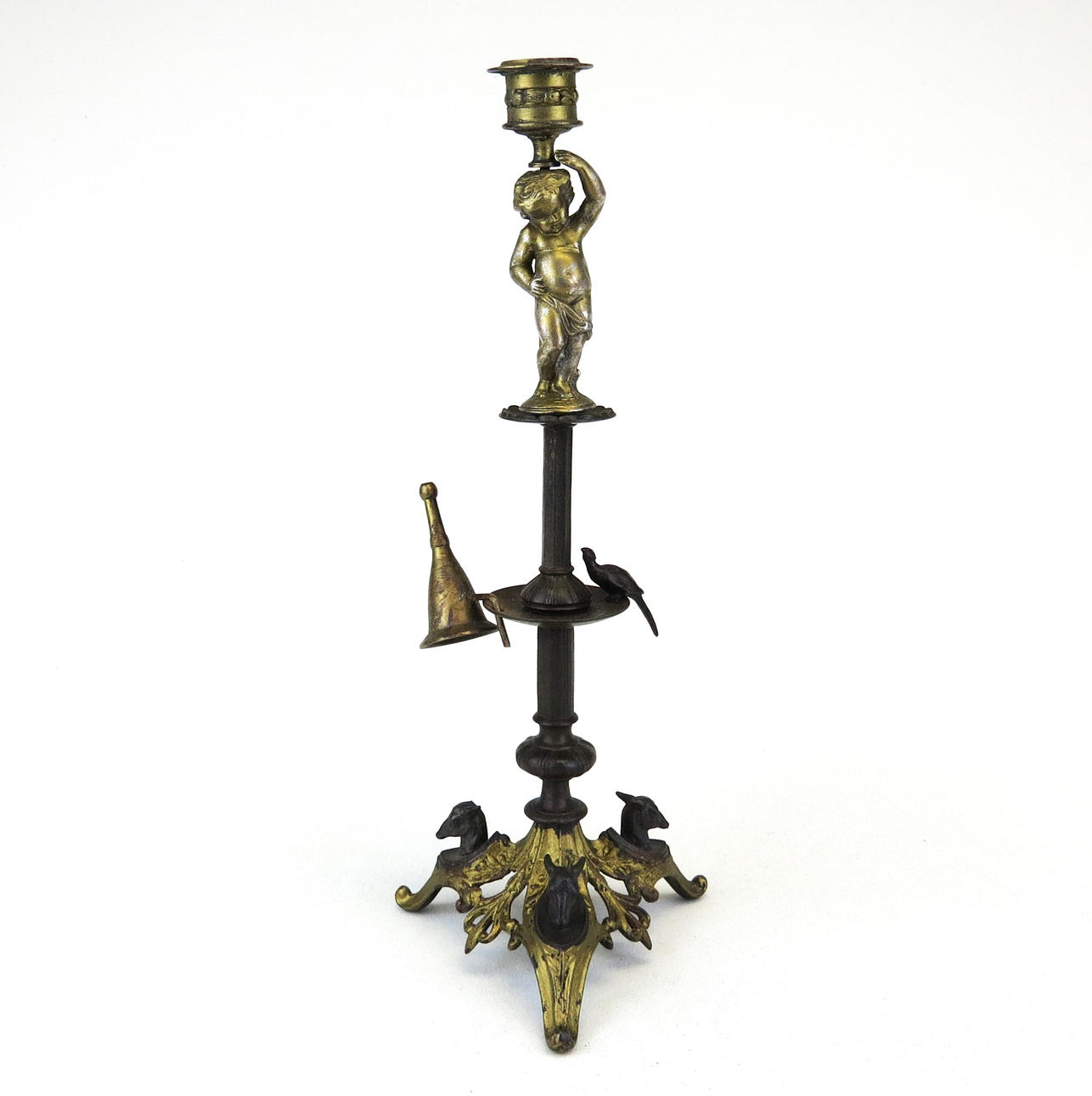 DEER HEAD AND CHERUB CAST BRONZE CANDLESTICK WITH SNUFFER.