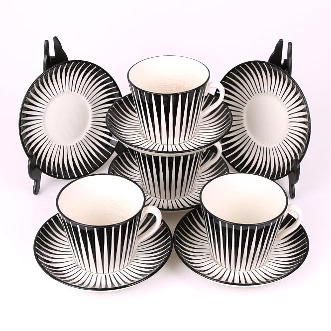 TEKOPPAR med FAT, 4 st + 2 extra fat, "Zebra", Upsala Ekeby, Gefle, Eugen Trost, 1900-talets mitt.