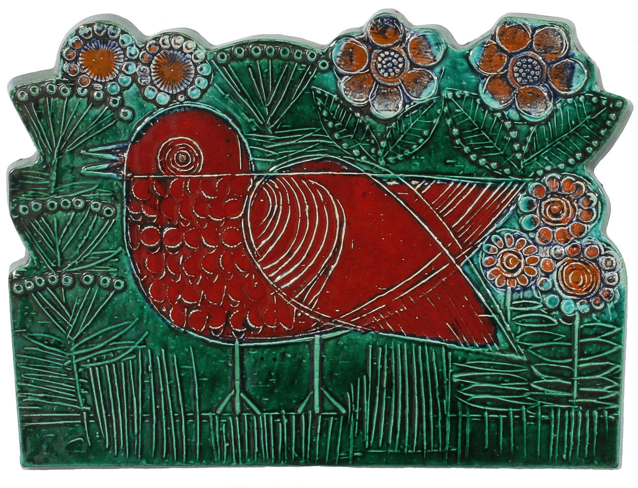 VÄGGRELIEF med motiv av fågel och blommor, stengods. Lisa Larson, Gustavsberg.