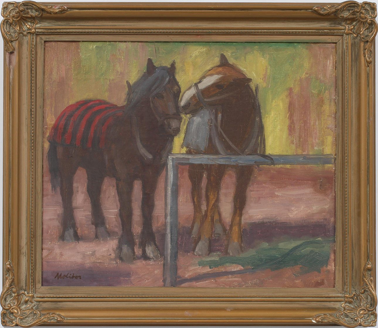 OSCAR MOLITOR. Hästar, olja på duk, signerad.