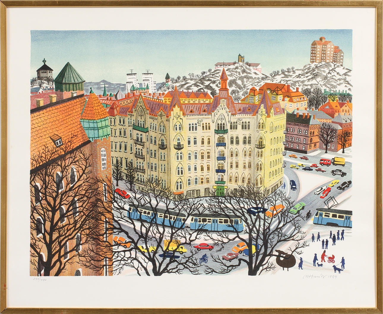 MONA HUSS WALIN. Linnéplatsen, Göteborg, färglitografi, signerad och numrerad 234/400.