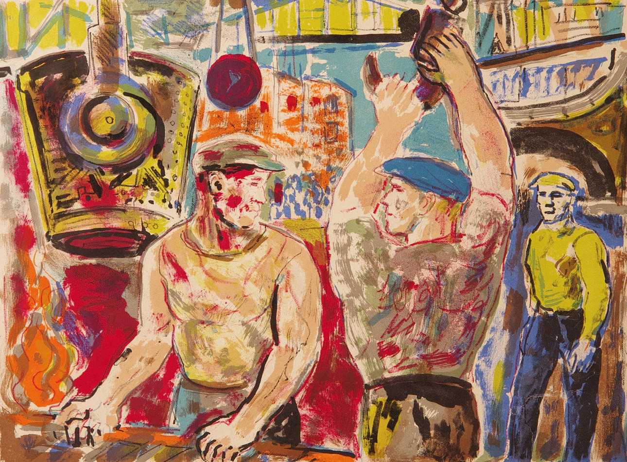 ALBIN AMELIN. Arbetare, färglitografi, signerad Amelin.