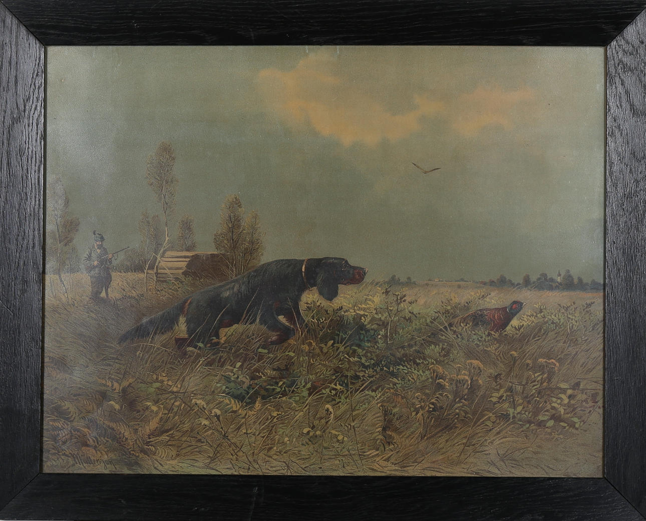 OLJETRYCK, jaktmotiv med hund och fasan. Signatur i tryck.