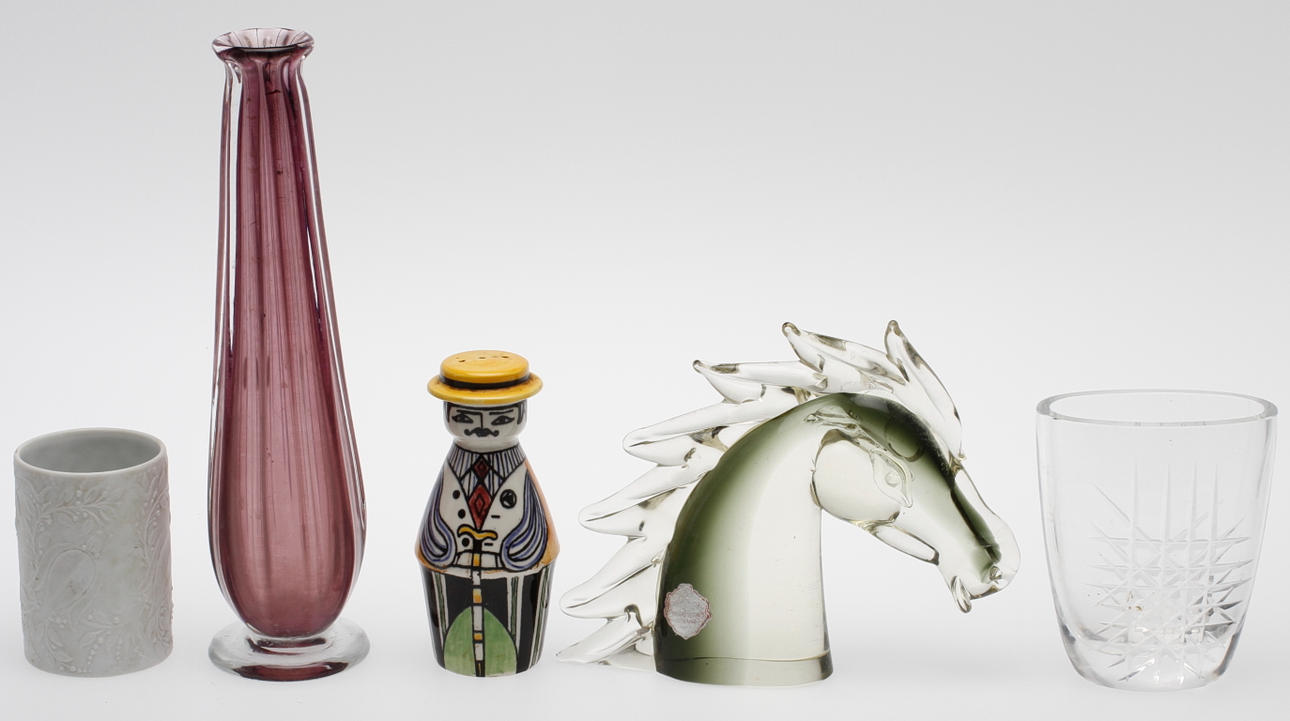 GLAS OCH KERAMIK, 5 delar, Anita Nylund, Orrefors, Åfors, Rosenthal, Murano.