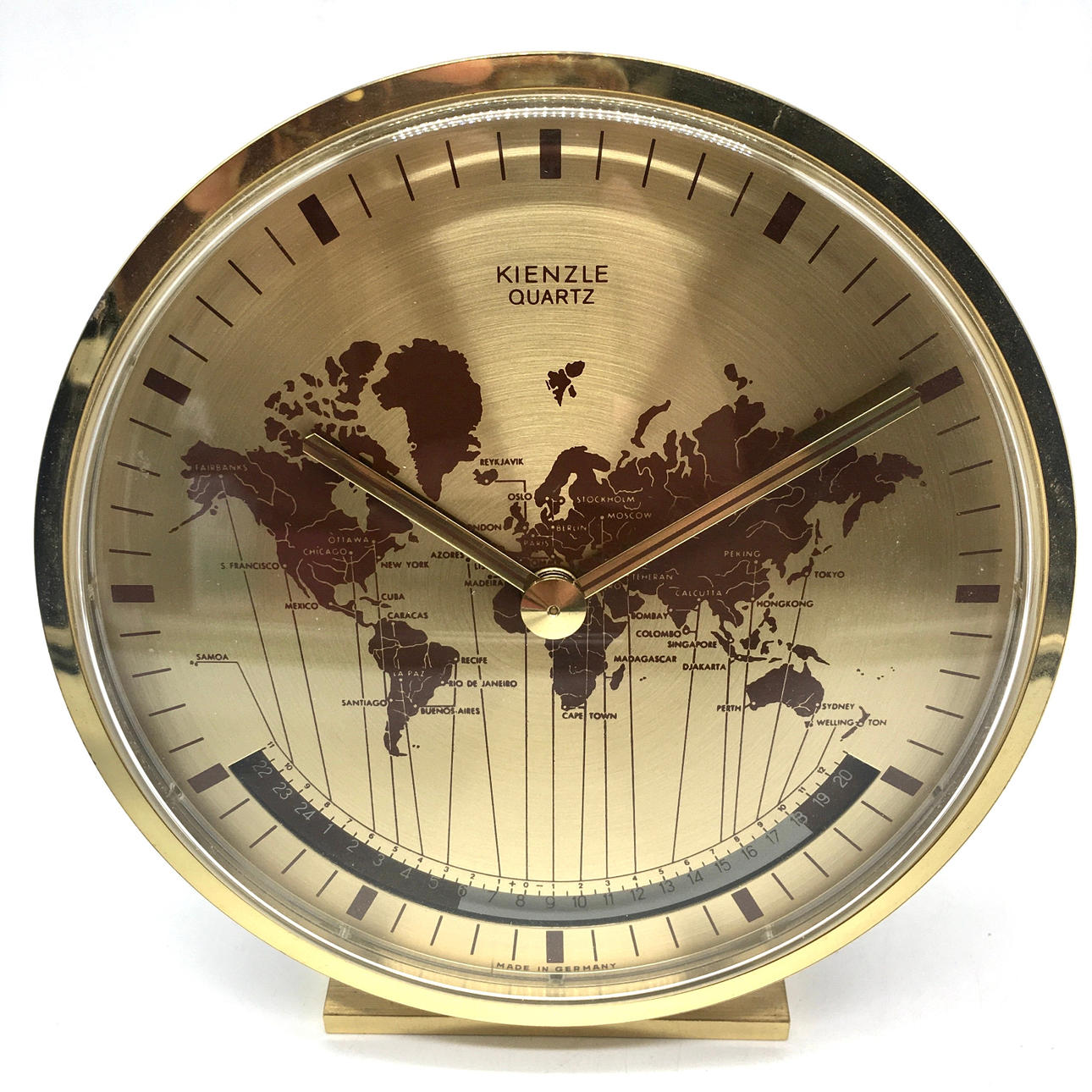KIENZLE TABLE CLOCK - WORLD TIME ZONES - BRASS - 1960S.