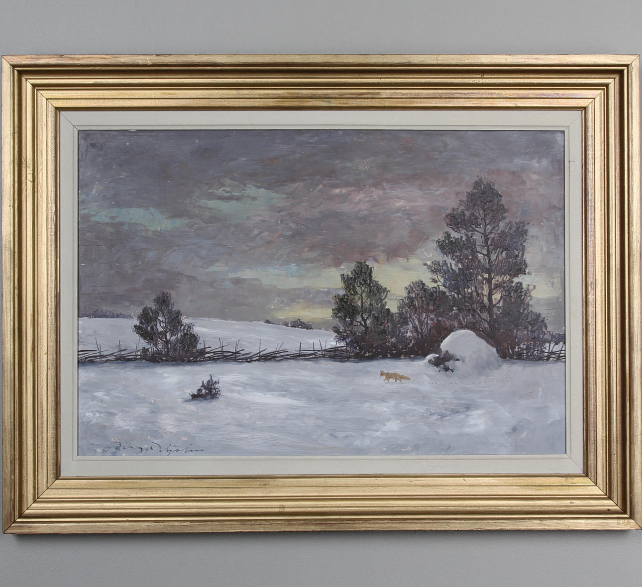 BIRGER HJELM. "Vinterkväll, 1950". Olja på pannå, signerad .