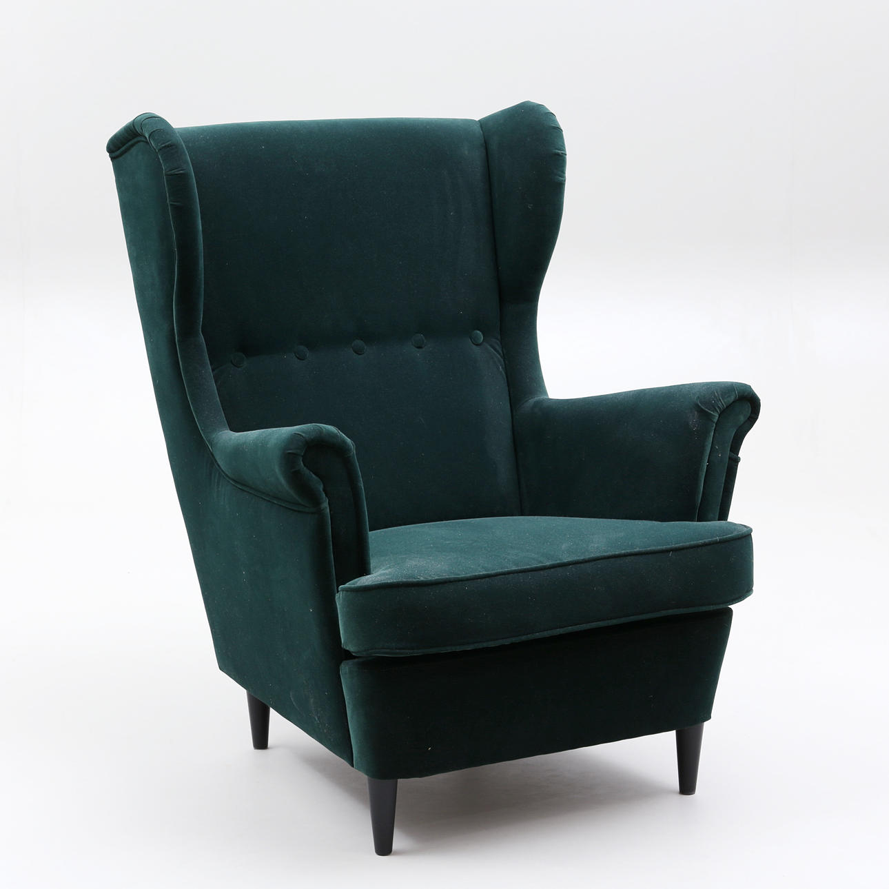 Ohrpolstersessel, "Strandmon", grüner Plüsch, Ikea.