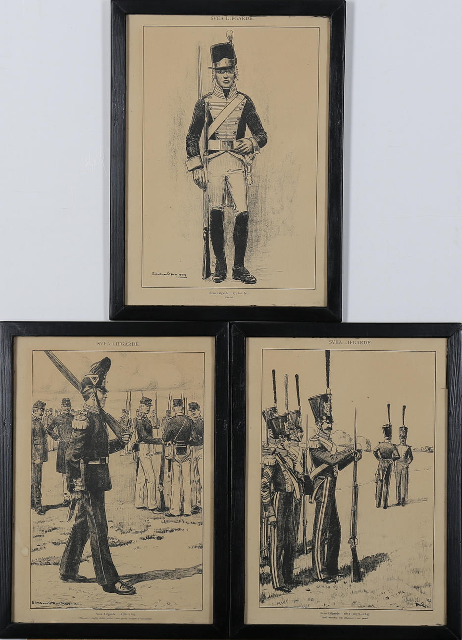 EINAR VON STROKIRCH. EFTER. 3 st, litografiska tryck, Svea Lifgarde, signerade i trycket, 1900-talets första hälft.