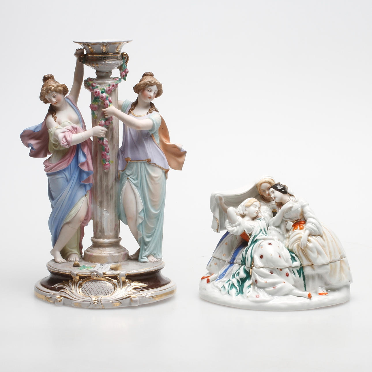 LJUSSTAKE och LOCKSKÅL, porslin, 1800/1900-tal.