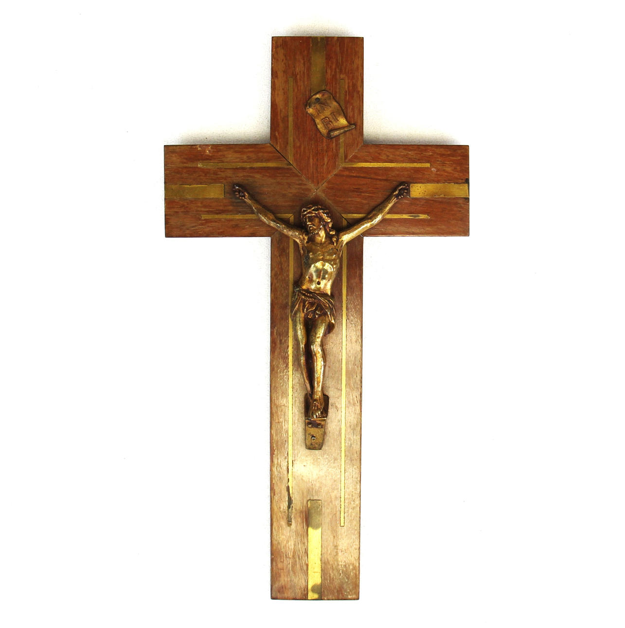 VINTAGE WOOD & BRASS CRUCIFIX.