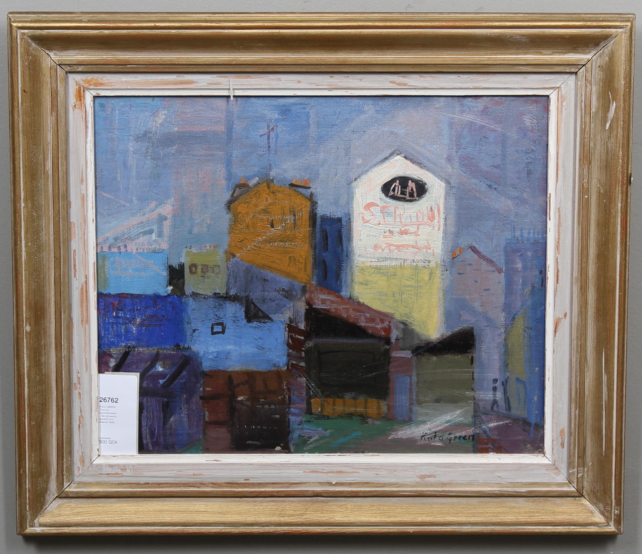 KULO GREEN. "Hus vid loppmarknaden". Olja på pannå, signerad och daterad 1949.