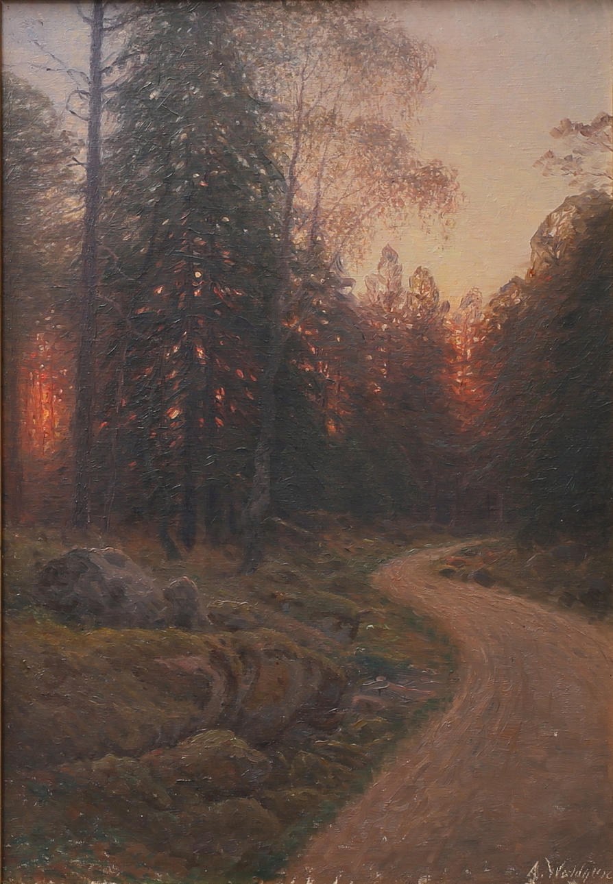 ANDERS WAHLGREN. Skogsväg i solnedgång. Olja på duk, signerad A. Wahlgren.