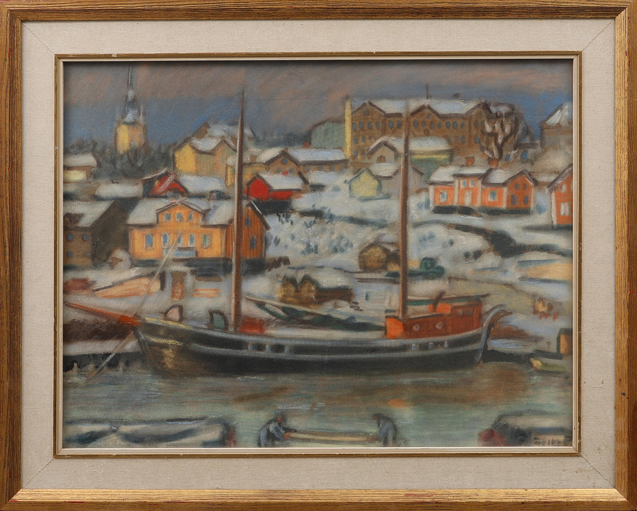 FOLKE PERSSON. Båt vid kajen, pastell, signerad. Konst - Måleri - Auctionet