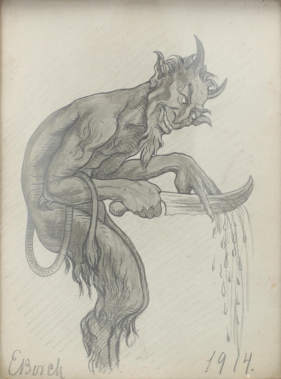 ELNA BORCH. Djävul med stor kniv. Blandteknik, signerad E Borch och daterad 1914.