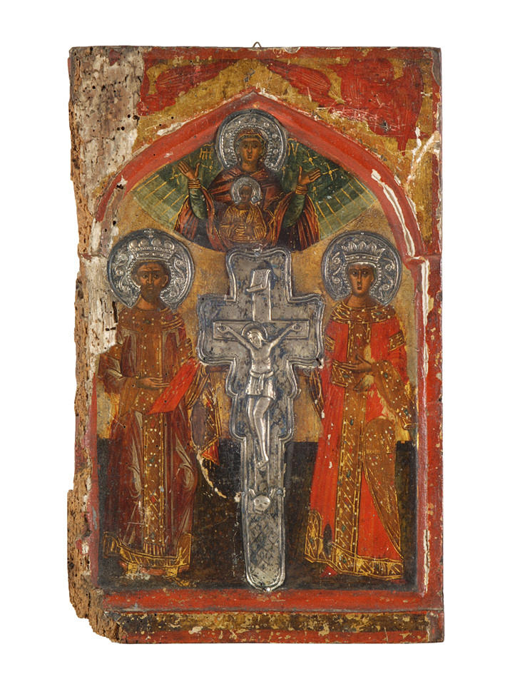 -IKONEN. Representation av den heliga familjen på krucifixet. Relikvikammare, metallpläterad, 1800-tal.