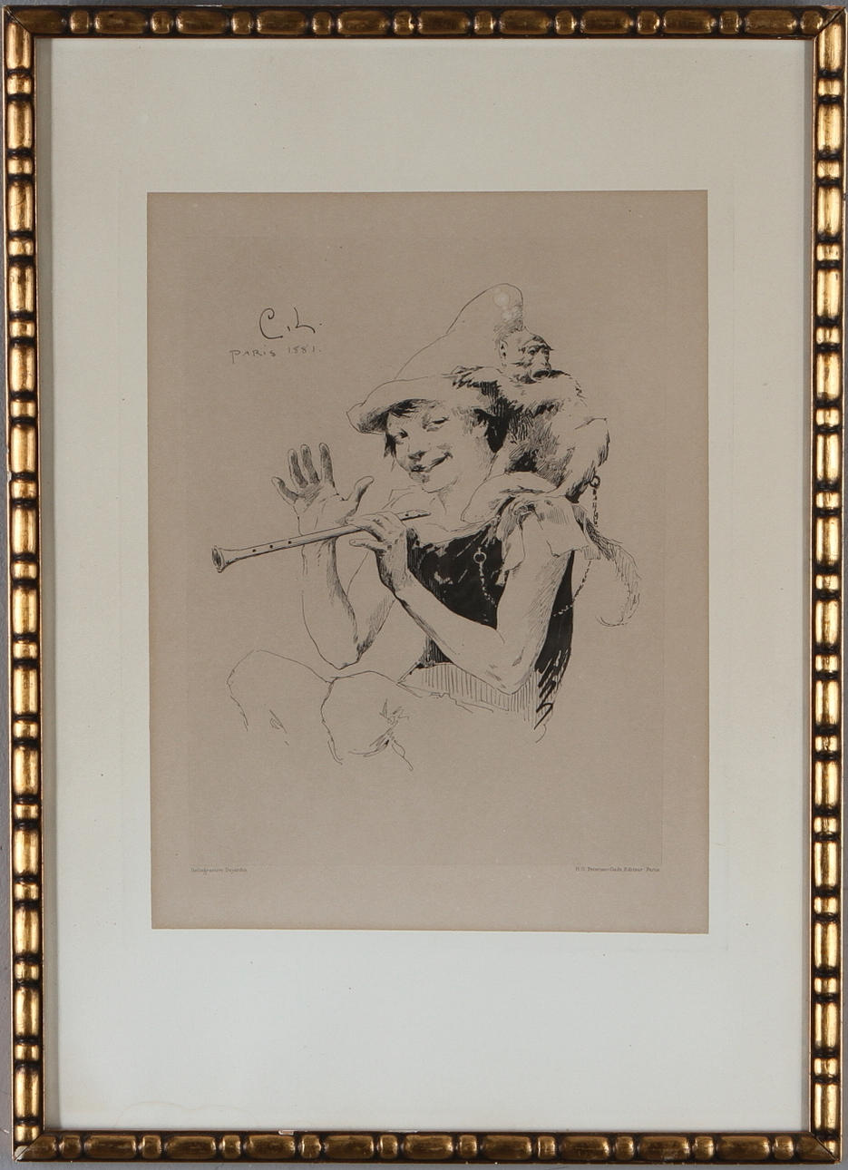 CARL LARSSON. Spelande pojke med apa. Heliogravure Dujardin, signerad C L Paris 1881 i trycket.