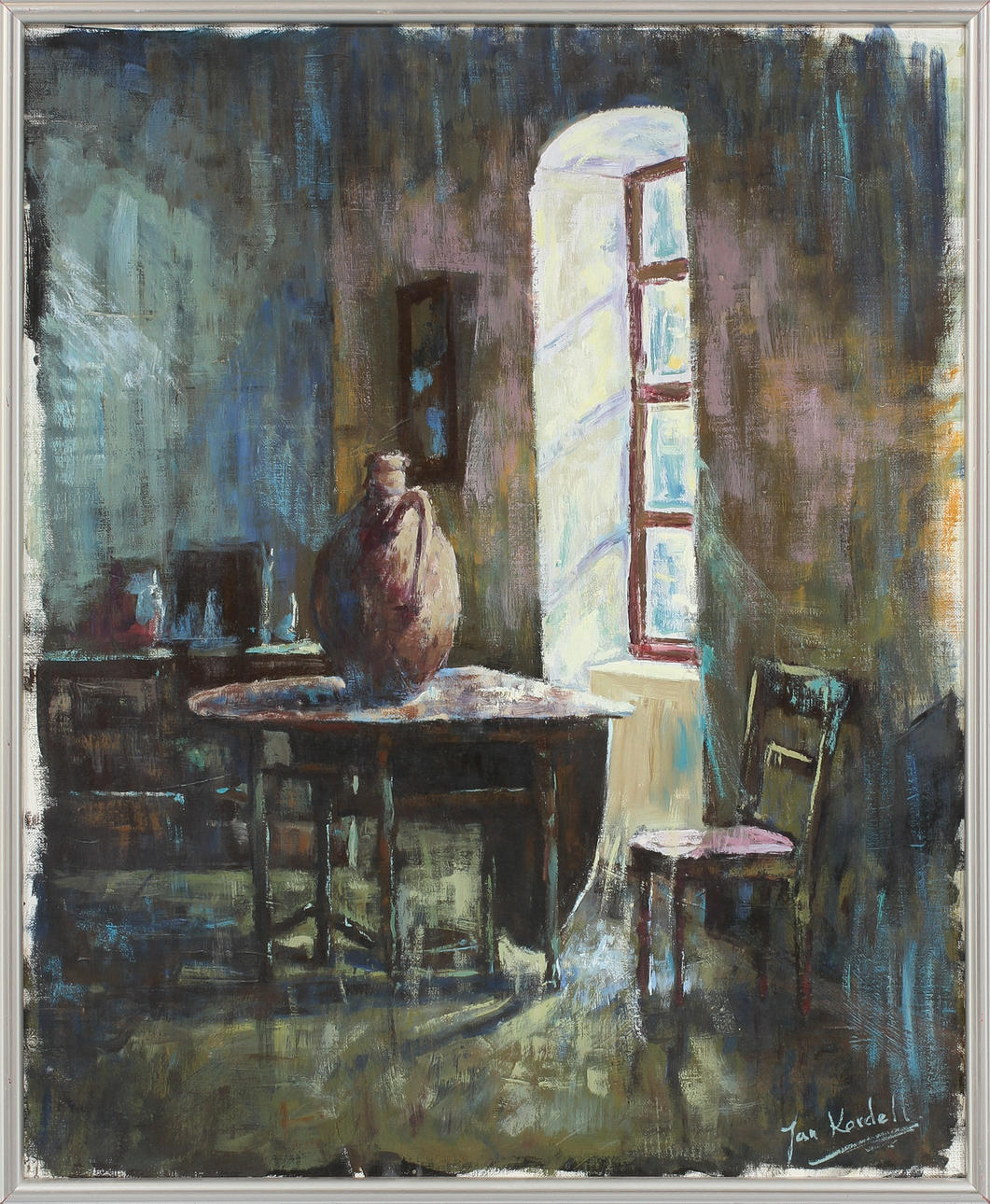 JAN KARDELL. Interiör med krus på bord. Olja på duk, signerad.